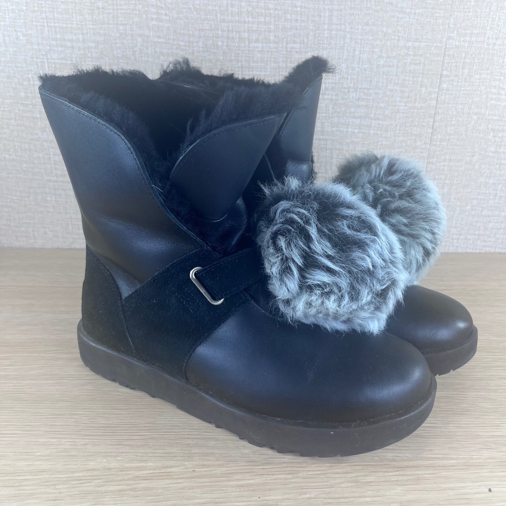 UGG Isadora Black Leather Suede Pom Pom Waterproof Winter Boots Women 11 1018605 - Picture 10 of 11